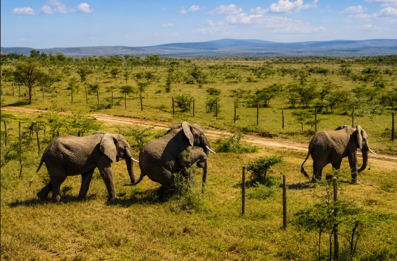 Elephants in the Mara photographed by a drone moving past a fence
